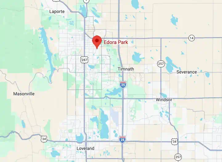 AirBear service area map showing Fort Collins, Timnath, Laporte, Loveland, and nearby Northern Colorado areas.